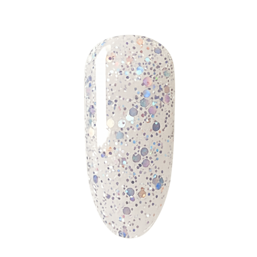 Glittery gel polish against a white background