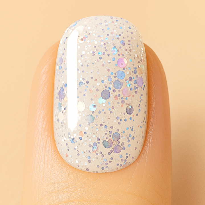 Nail with multicolored glittery gel polish on a beige background