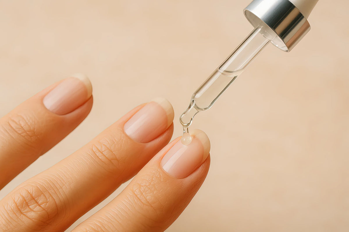 Gotero aplicando aceite para cutículas sobre uñas naturales y sanas.