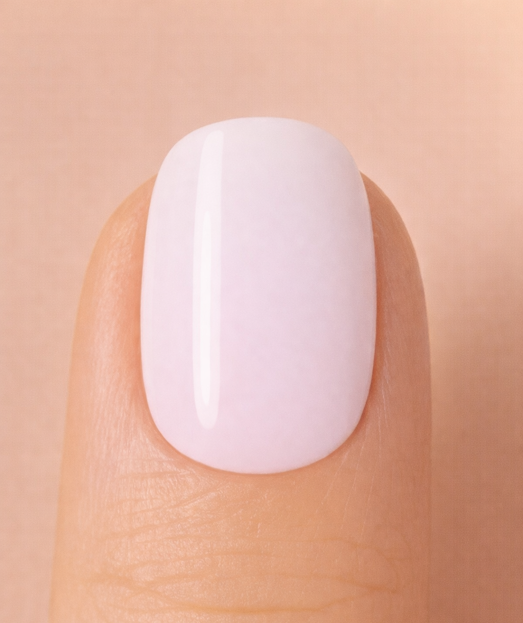 Close-up of a finger with a milky white nail on a beige background