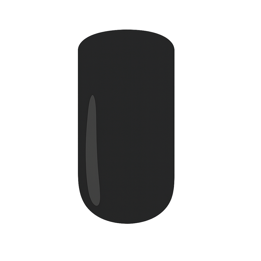 Black gel nail polish swatch on a white background
