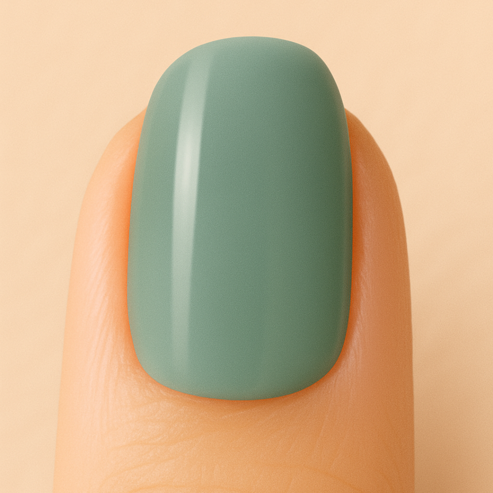 Khaki gel nail polish on a finger against a beige background