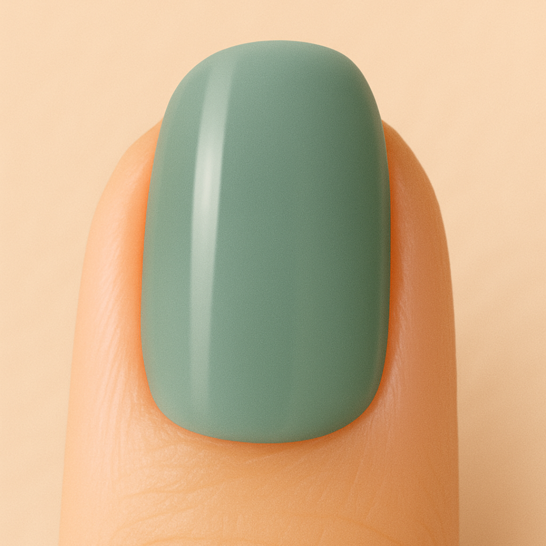Khaki gel nail polish on a finger against a beige background