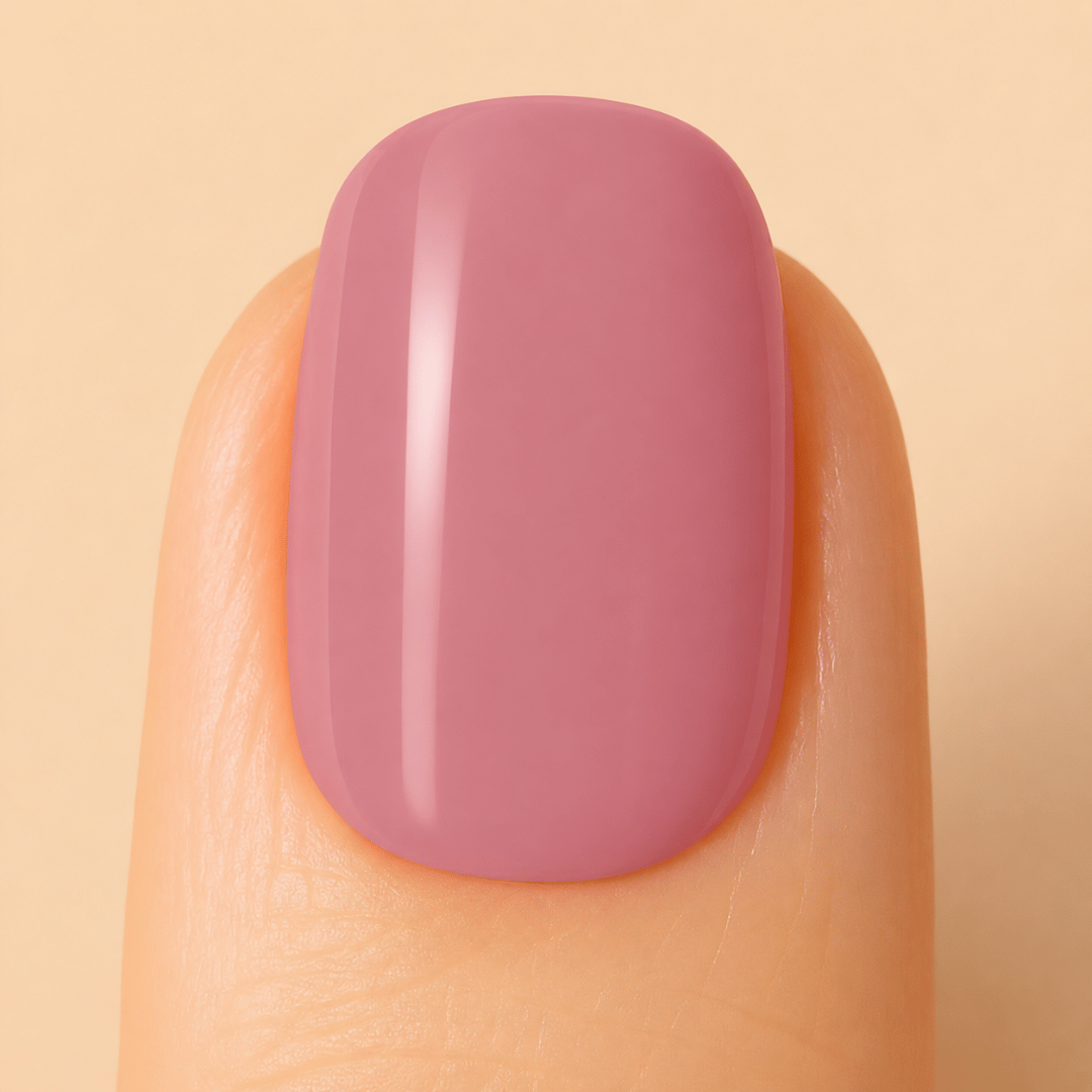 A close-up of a fingernail painted with a smooth, glossy dusty mauve pink polish, set against a solid light beige background.