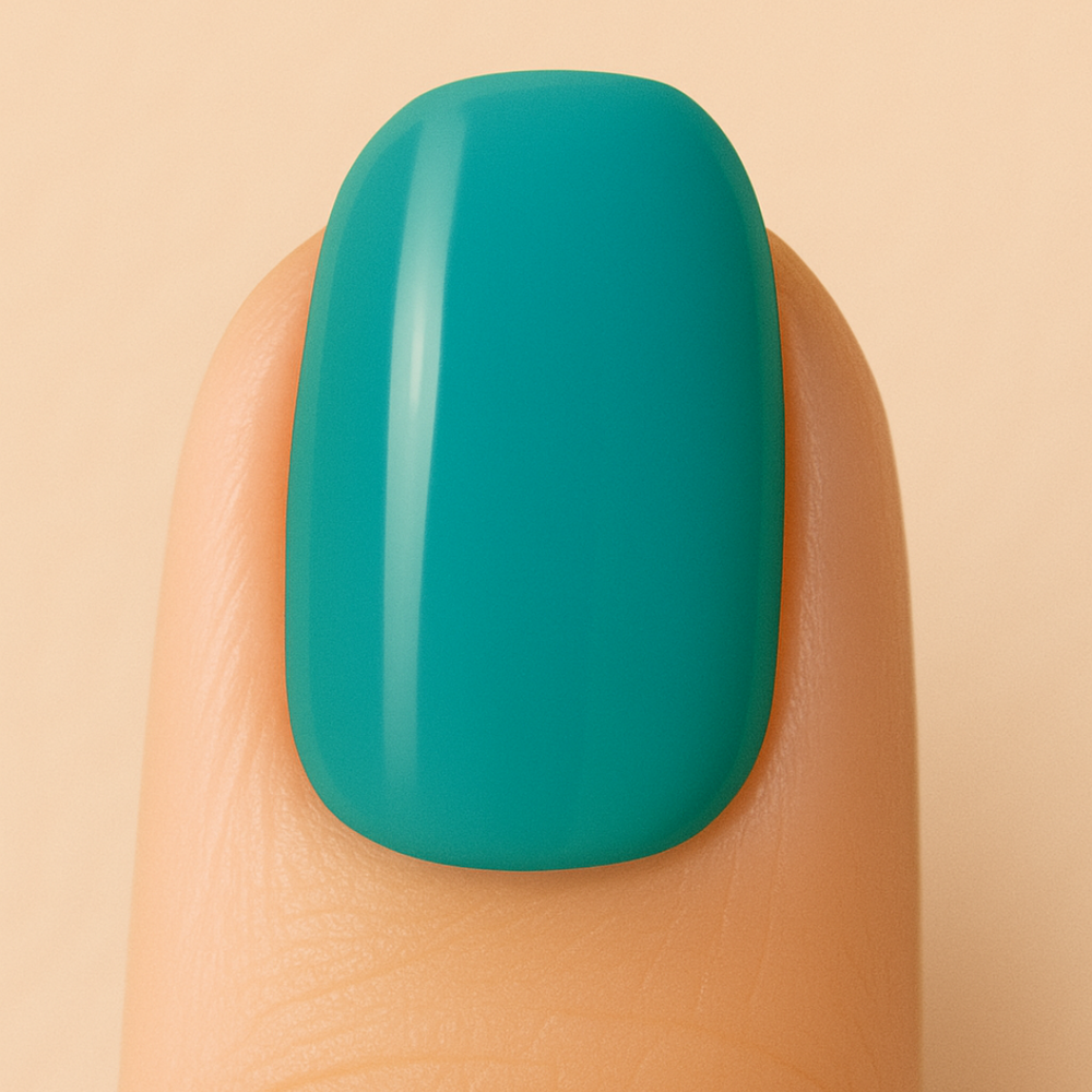 Evergreen gel nail polish on a nail
