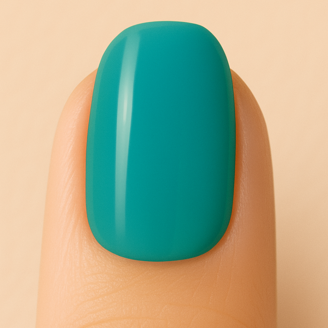 Evergreen gel nail polish on a nail