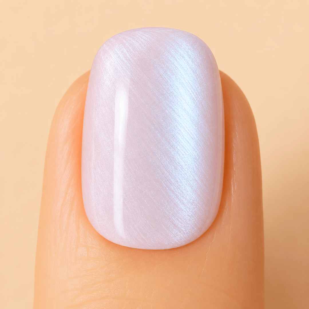 A close-up of a fingernail with a glossy, transparent white manicure featuring a subtle iridescent shimmer.