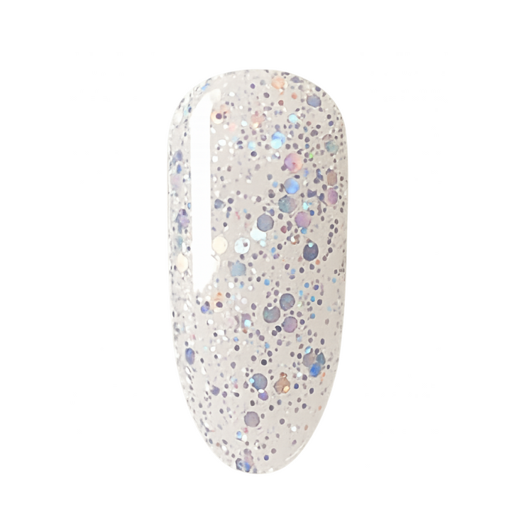 Glittery gel polish against a white background