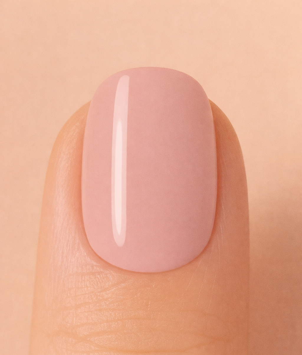 Nail with nude pink polish on a beige background