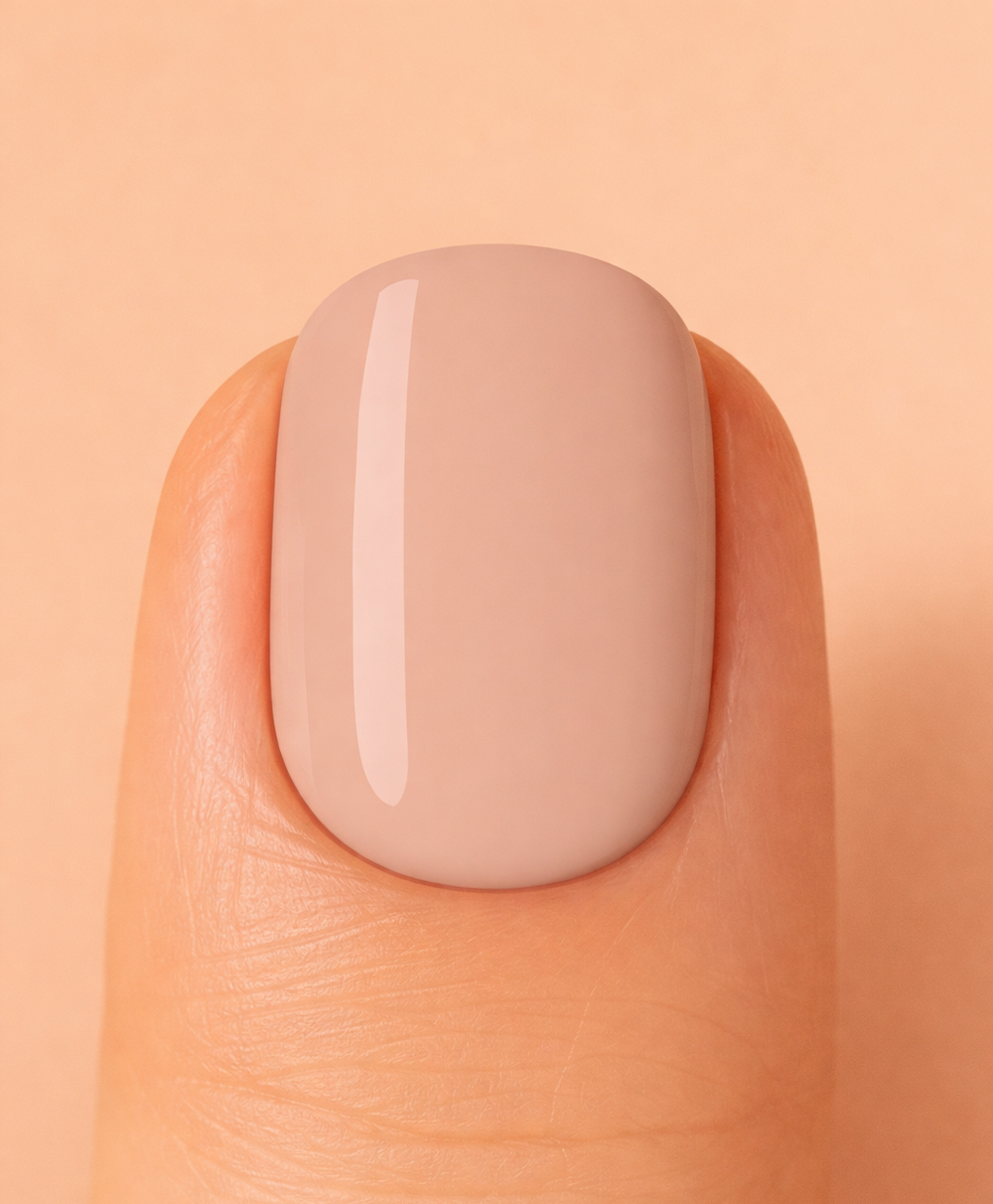 Close-up of a finger with a beige nail on a matching peach background