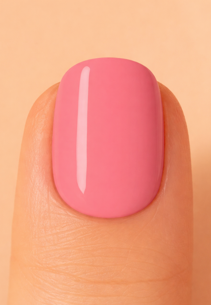 Pink nail polish on a finger against a peach background